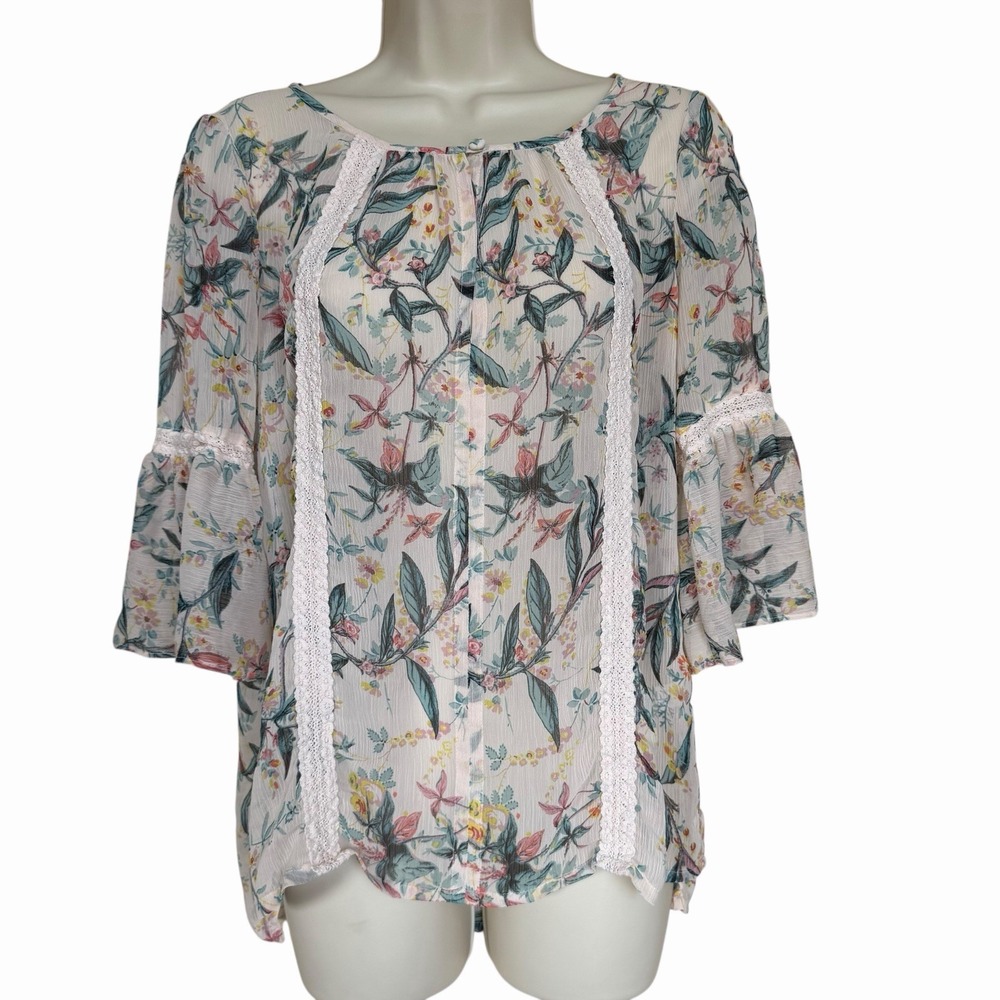 Lauren Conrad Floral Sheer Blouse Sz‎ Small 3/4 Bell Sleeve Keyhole Neck Crochet